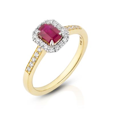 Lumbers 18ct Gold Emerald Cut Ruby & Diamond Halo Ring