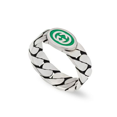Gucci Gucci Silver Interlocking G Green Enamel Ring - 16